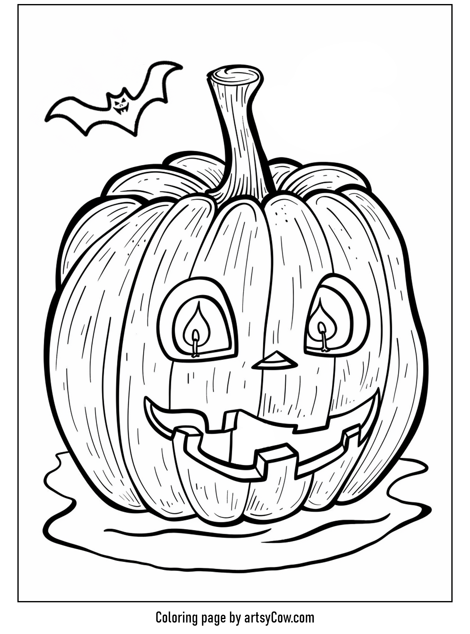 halloween pumpkin drawings for kids, featuring a playful pumpkin with candlelit eyes and a mischievous grinning bat hovering above.